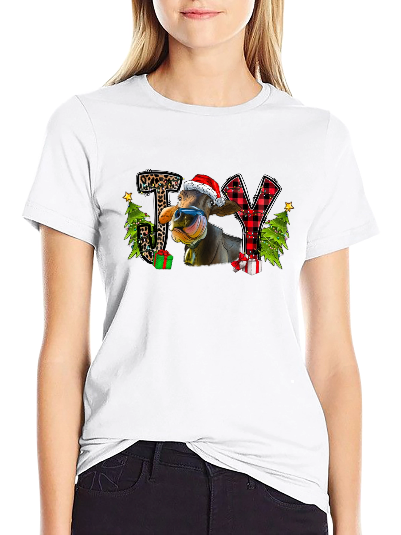 Joy Cow Christmas Graphic T-Shirt