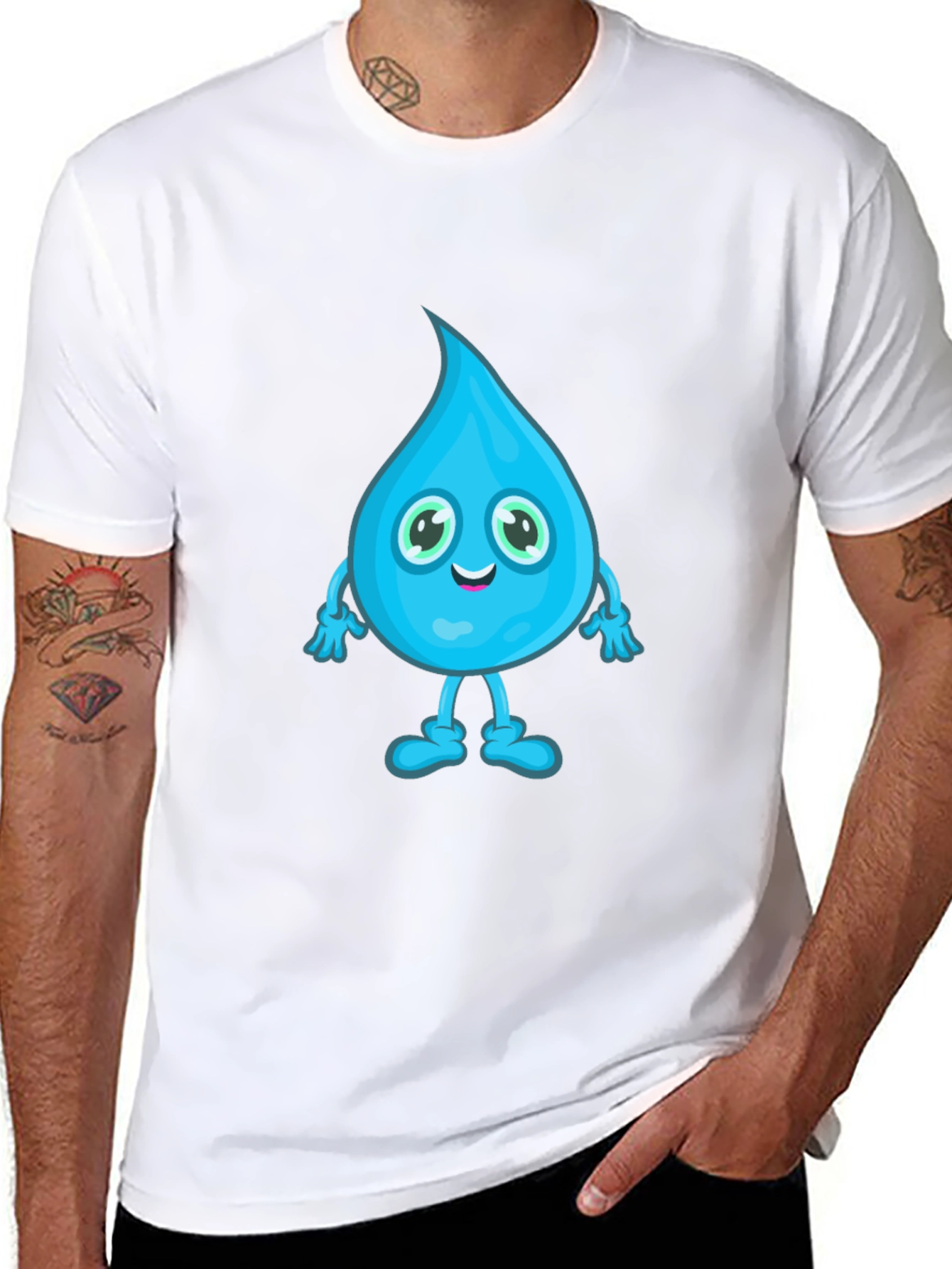 Cartoon Water Drop Graphic Tee - Black Cotton T-Shirt