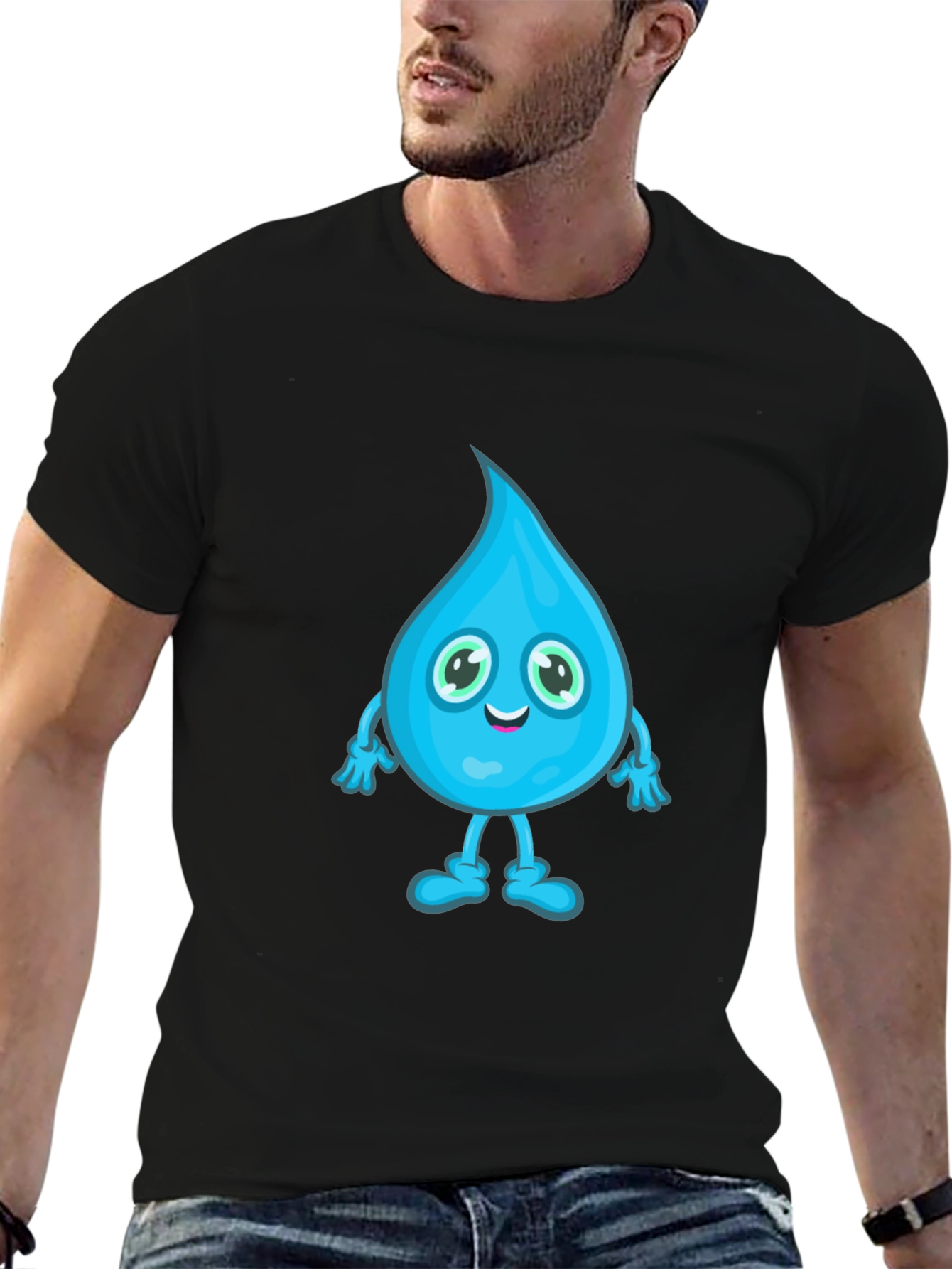 Cartoon Water Drop Graphic Tee - Black Cotton T-Shirt