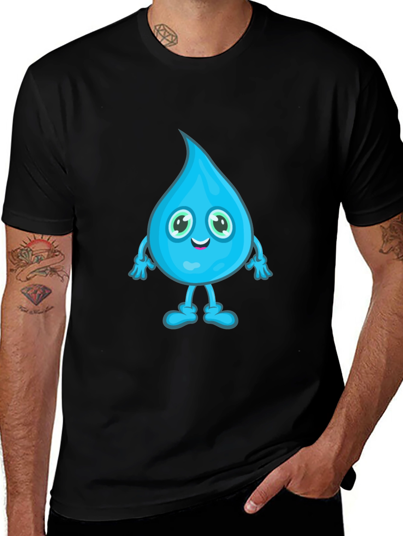 Cartoon Water Drop Graphic Tee - Black Cotton T-Shirt