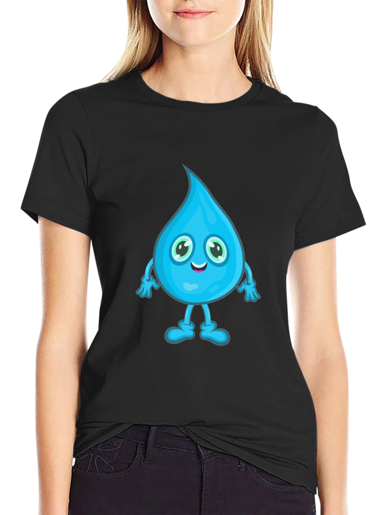 Cartoon Water Drop Graphic Tee - Black Cotton T-Shirt