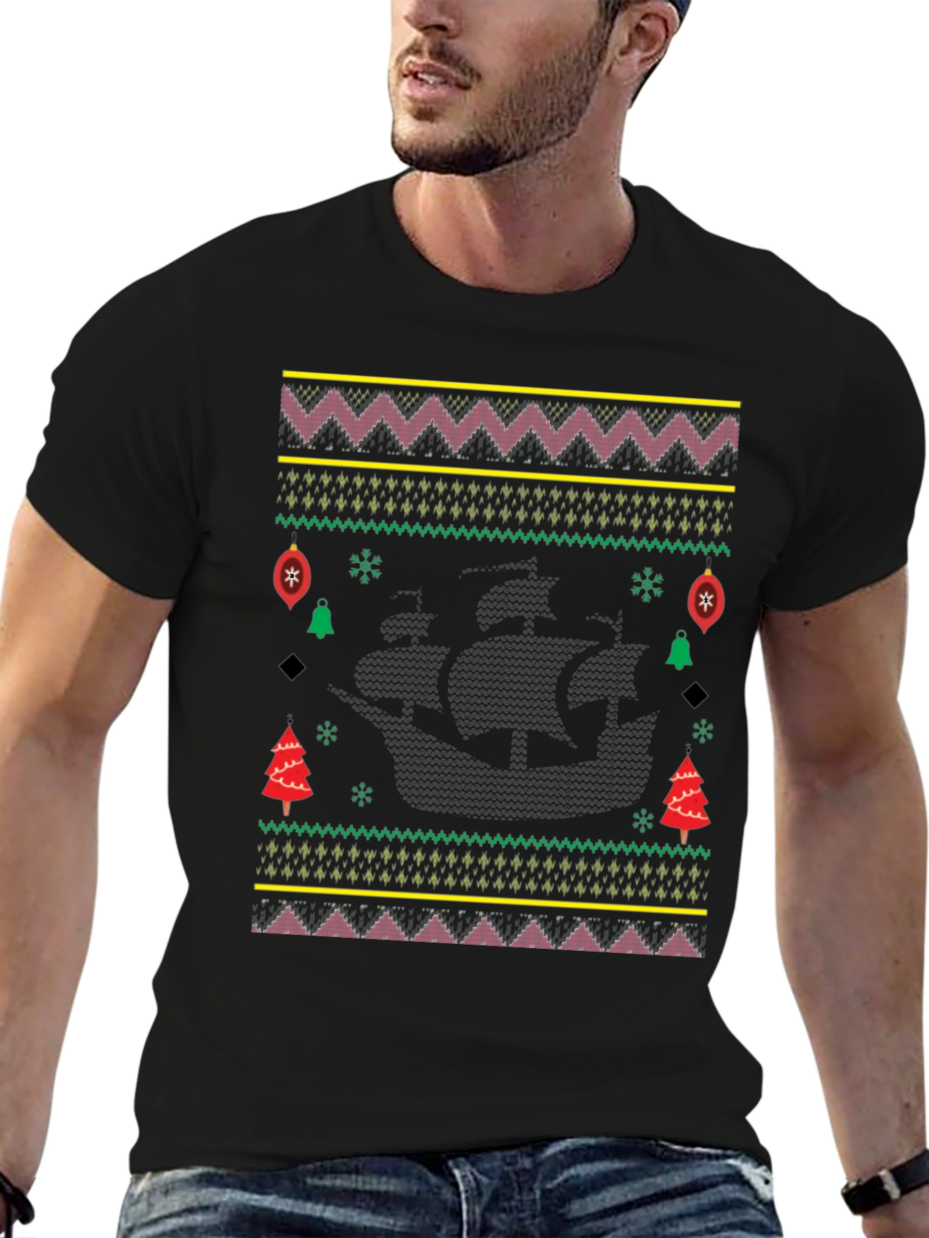 Christmas Pirate Ship Ugly Sweater Tee