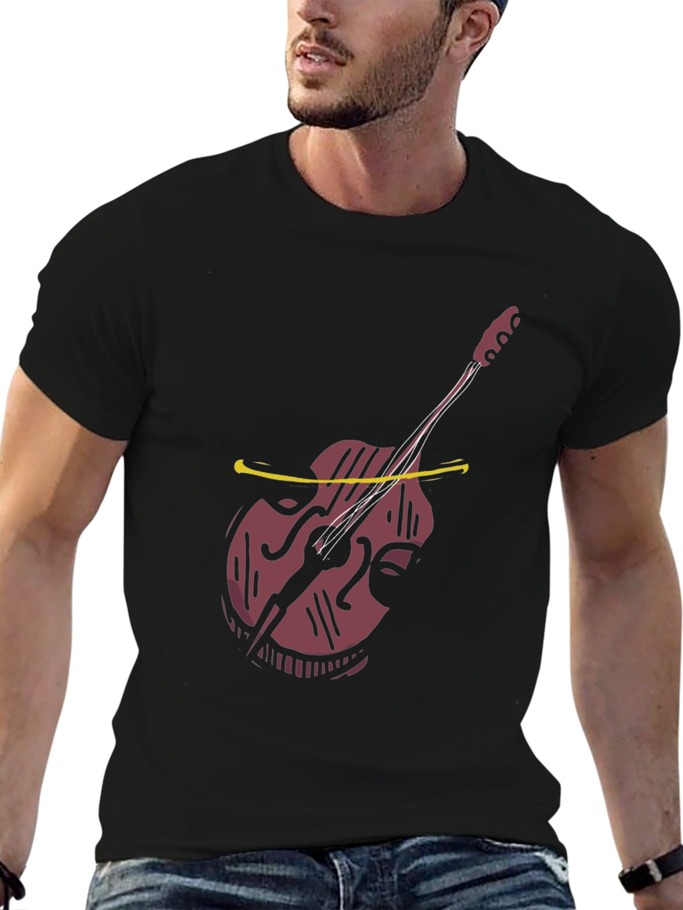 Cool Bass Guitar Graphic Tee - Black Cotton Casual