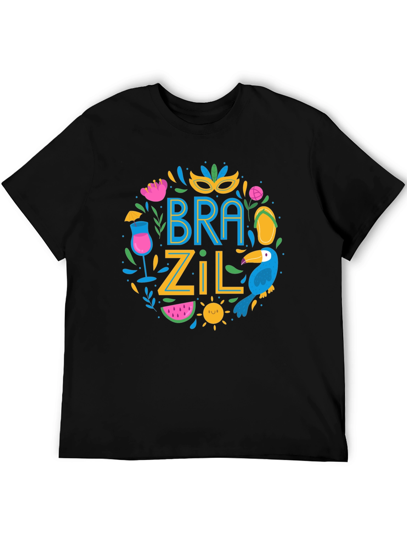 Brazil Themed Graphic Print Black T-Shirt