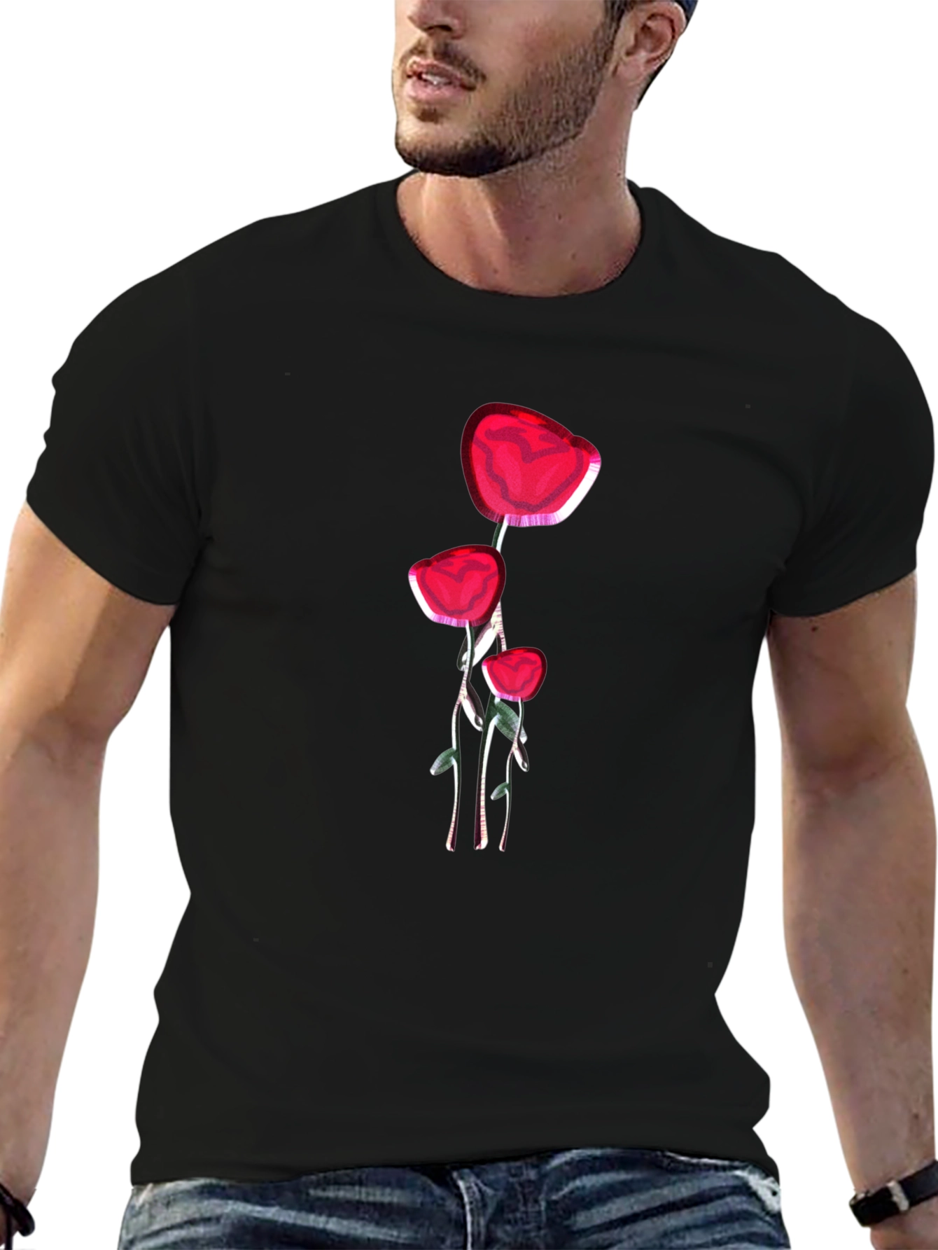 Floral Graphic Black T-Shirt - Red Flower Design