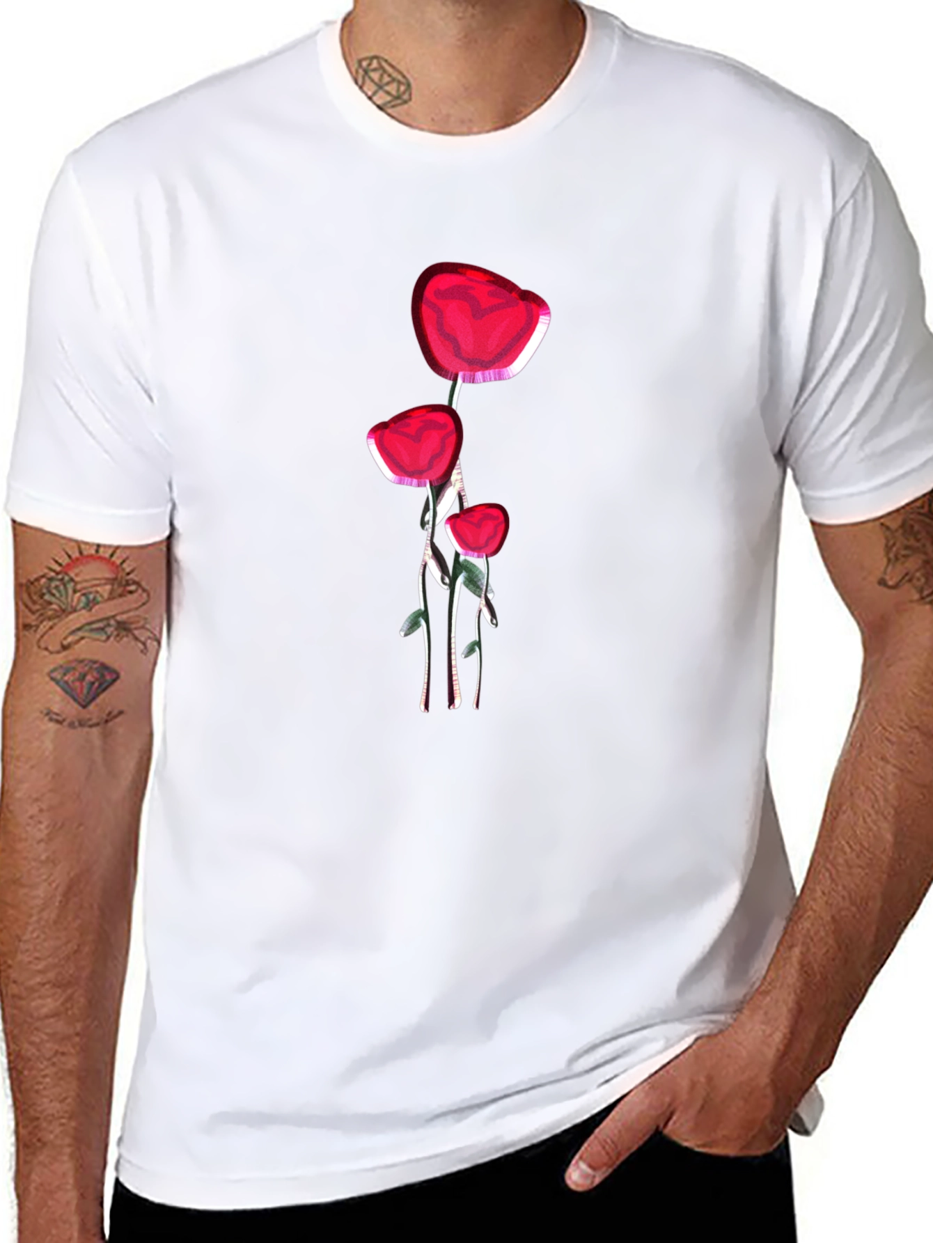 Floral Graphic Black T-Shirt - Red Flower Design