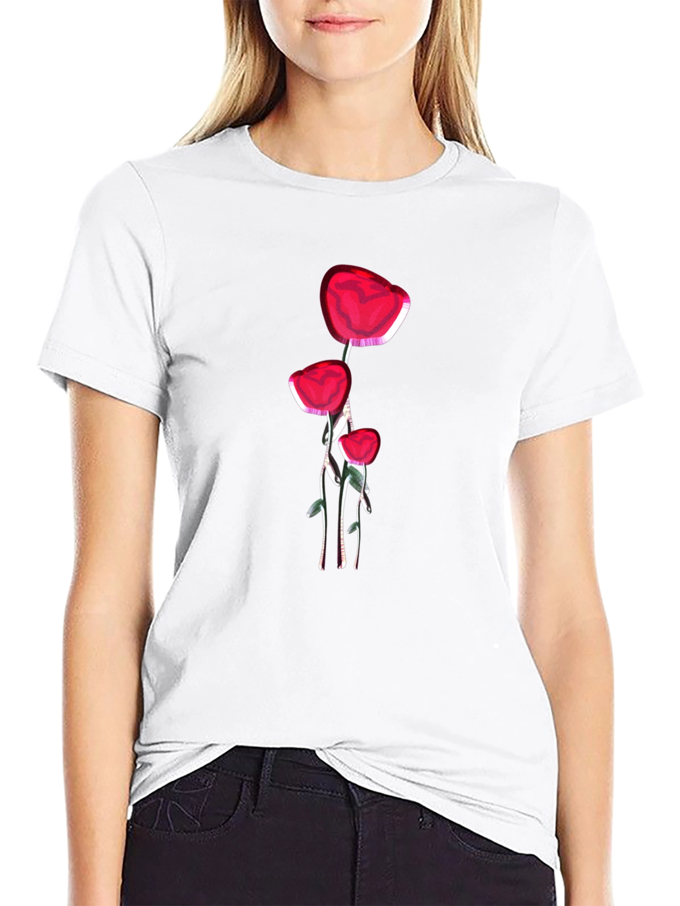 Floral Graphic Black T-Shirt - Red Flower Design