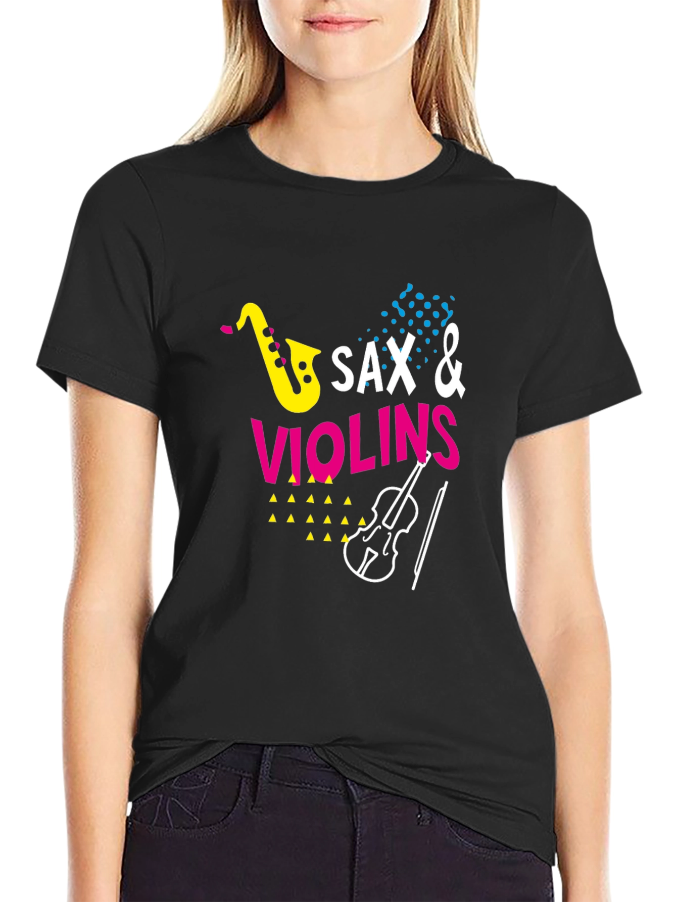 Sax & Violins Graphic Print Black T-Shirt