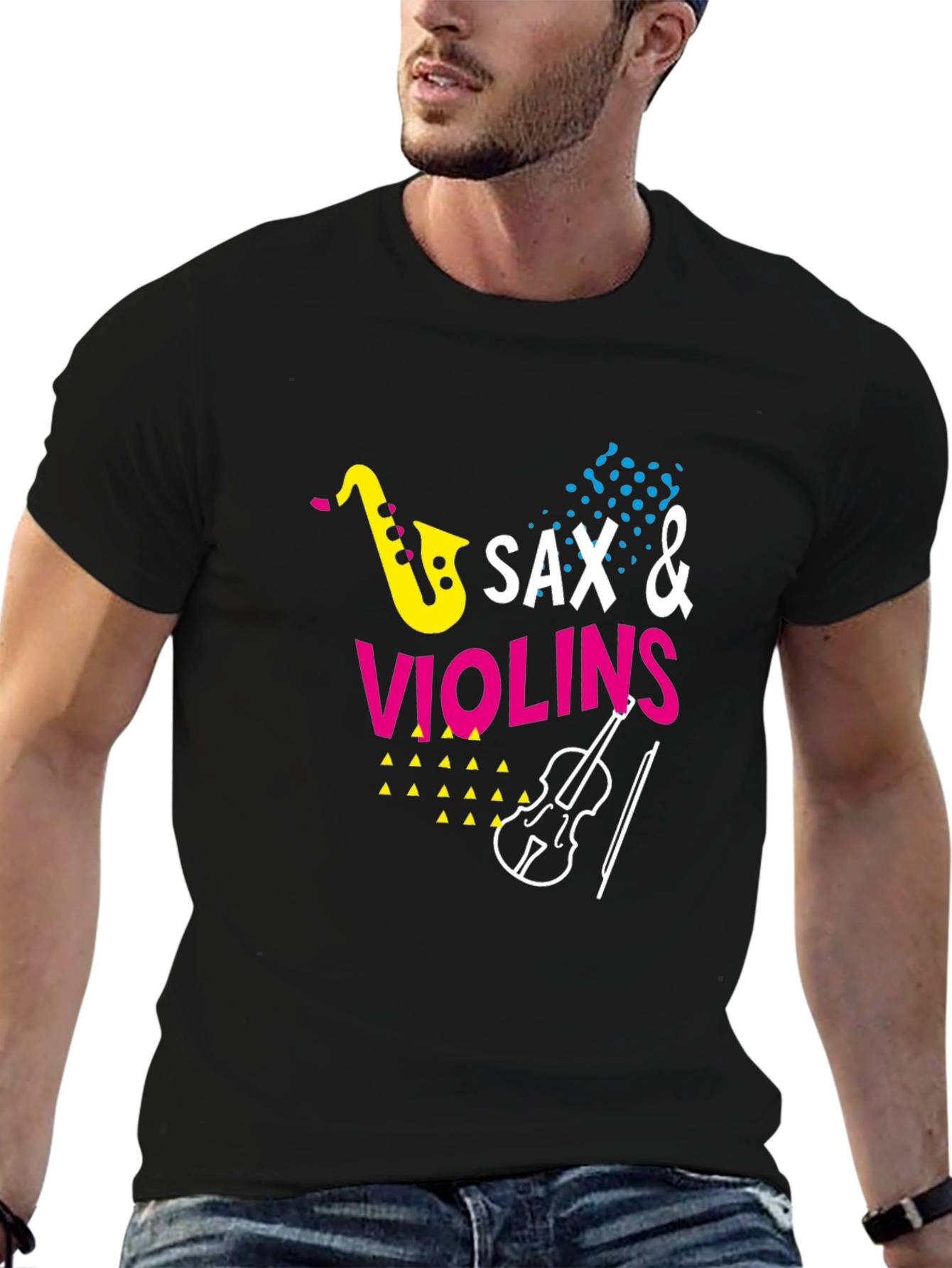 Sax & Violins Graphic Print Black T-Shirt