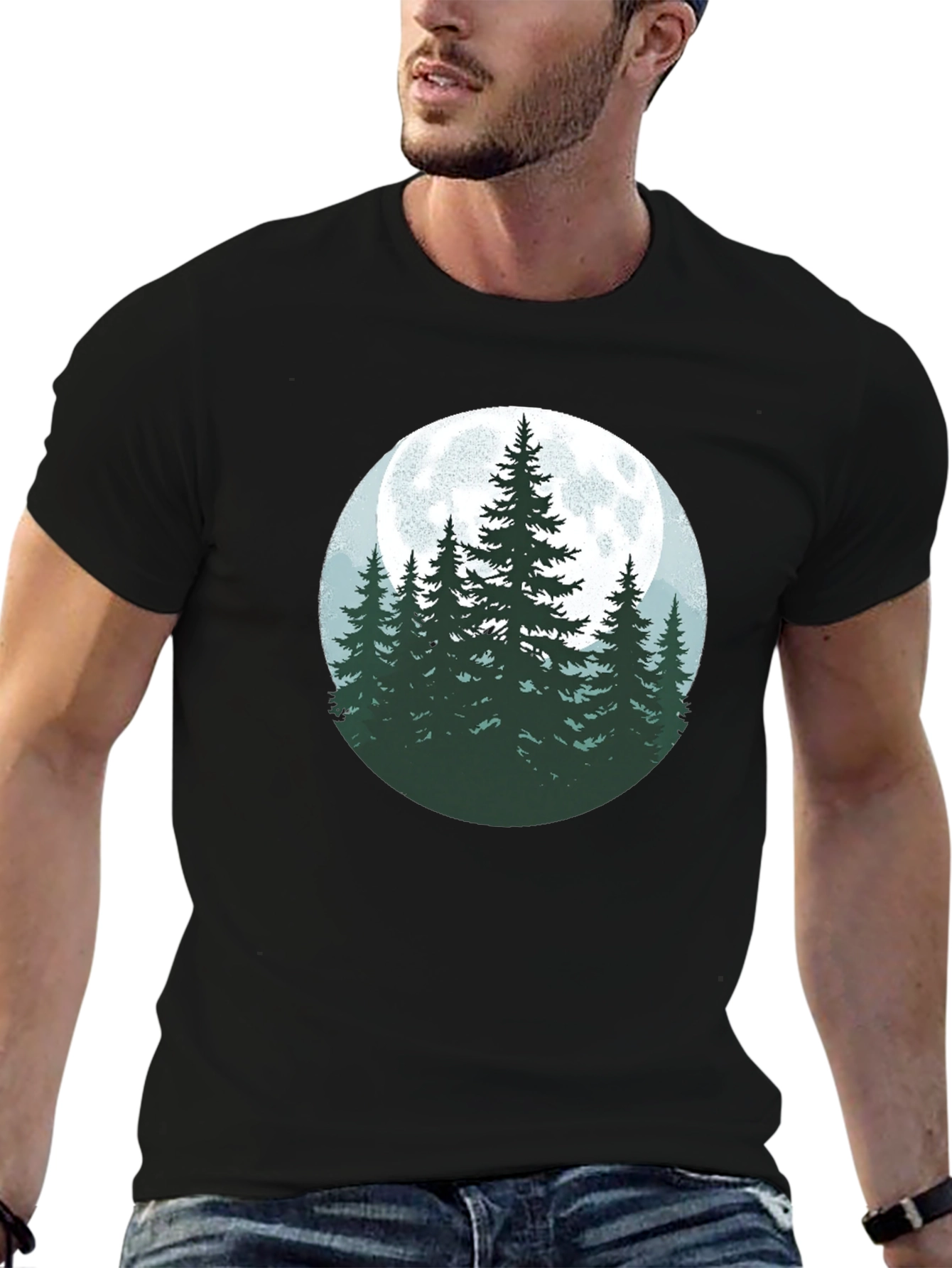 Nature Moon Pine Tree Graphic Tee - Black