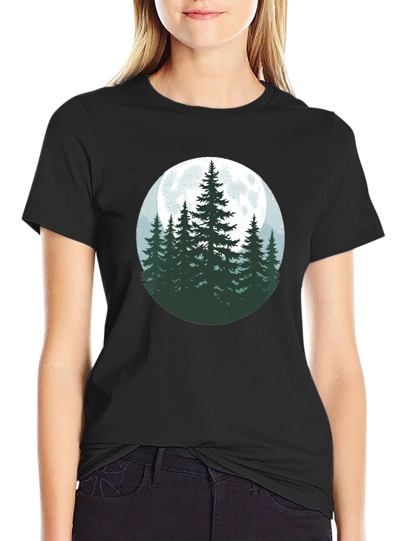 Nature Moon Pine Tree Graphic Tee - Black