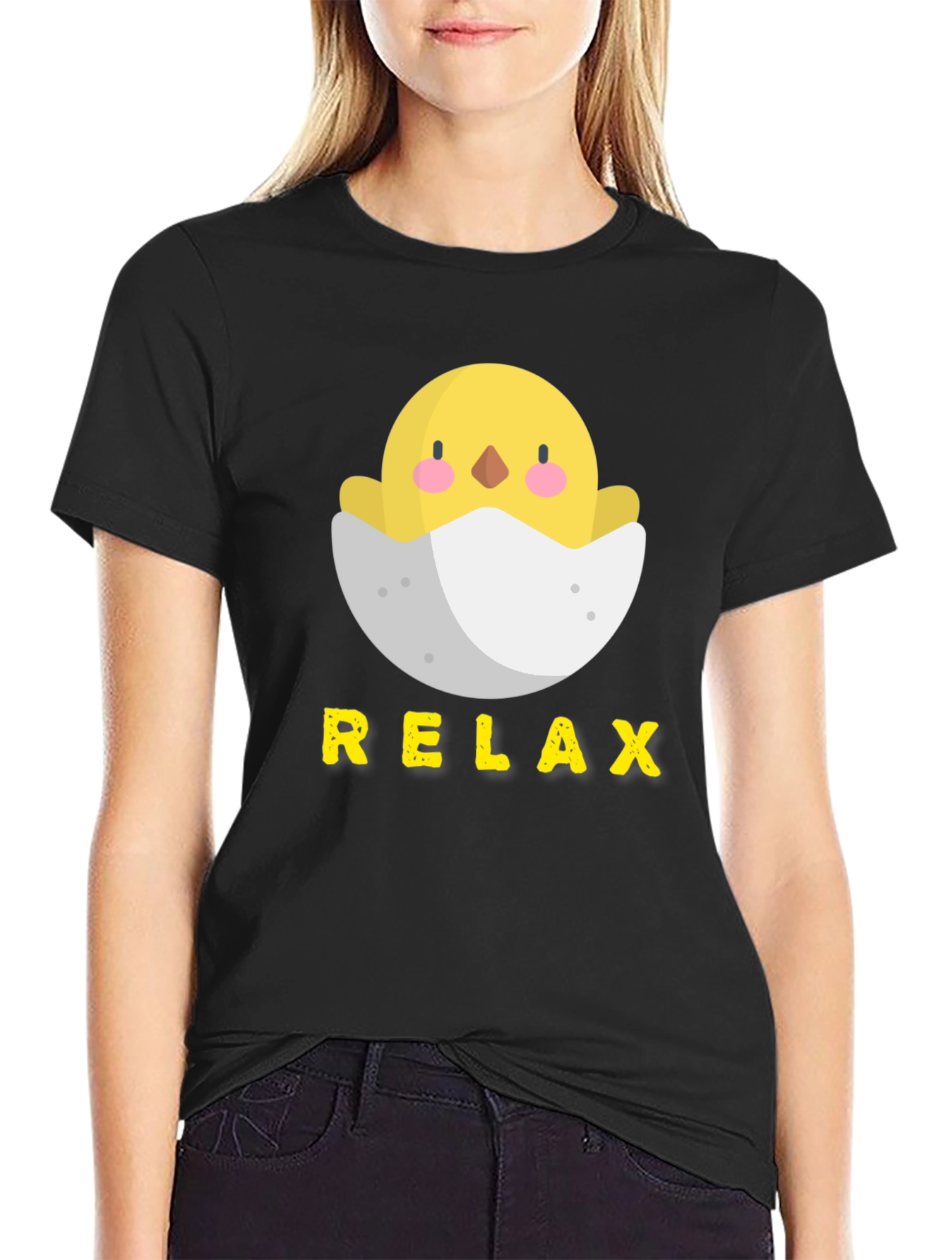 Relax Chick in Egg Black T-Shirt