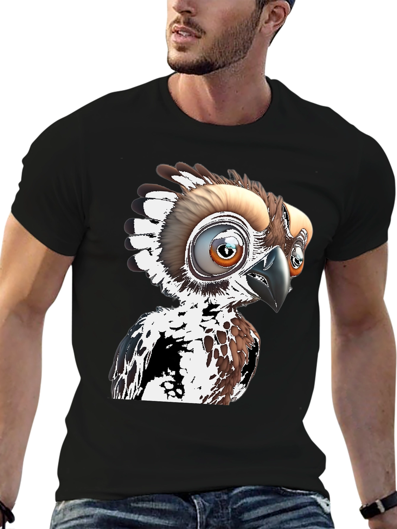 Cartoon Bird Graphic Tee - Black Cotton T-Shirt