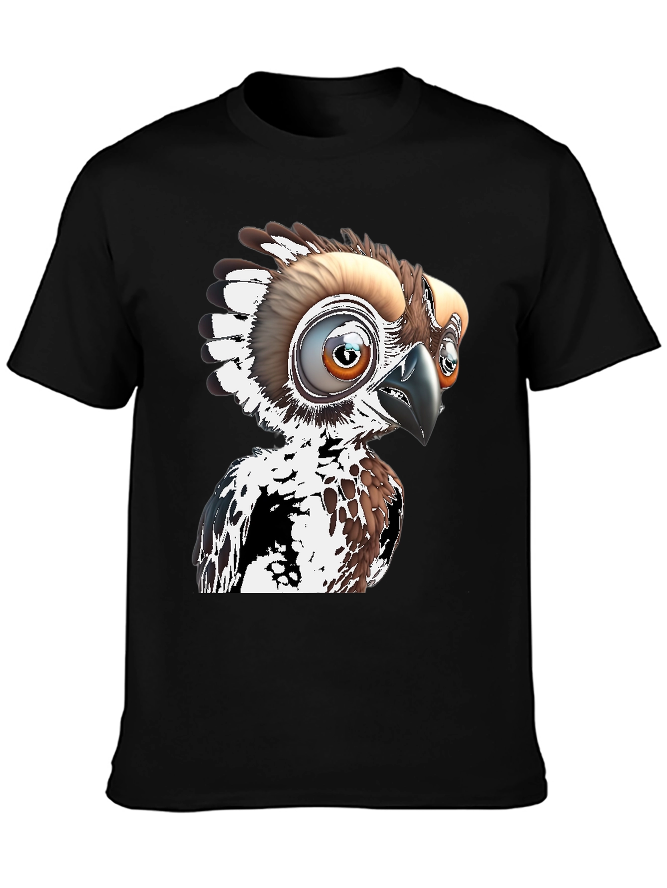 Cartoon Bird Graphic Tee - Black Cotton T-Shirt
