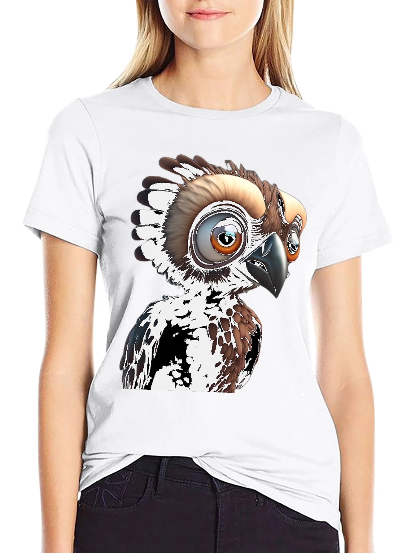Cartoon Bird Graphic Tee - Black Cotton T-Shirt
