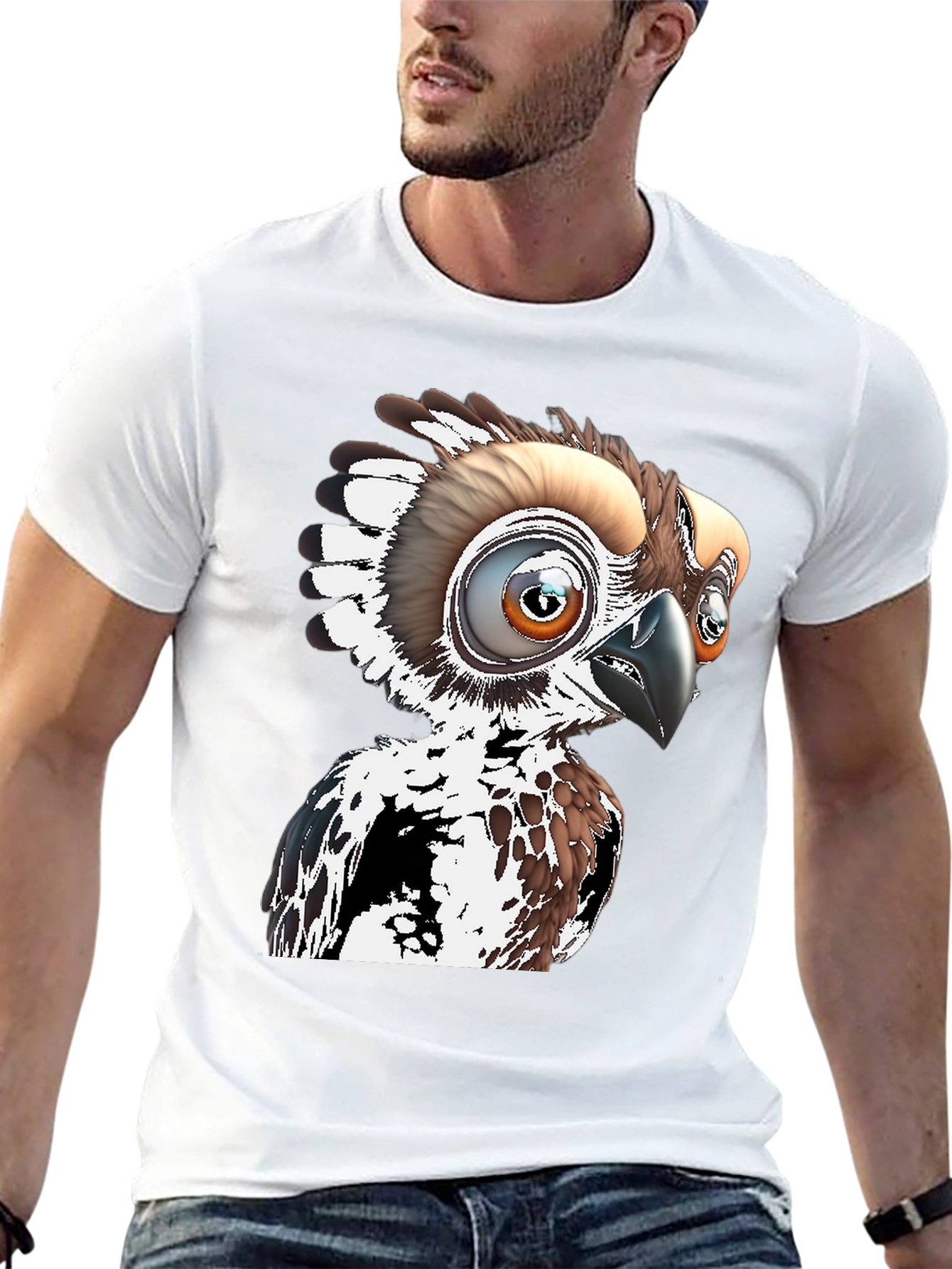 Cartoon Bird Graphic Tee - Black Cotton T-Shirt