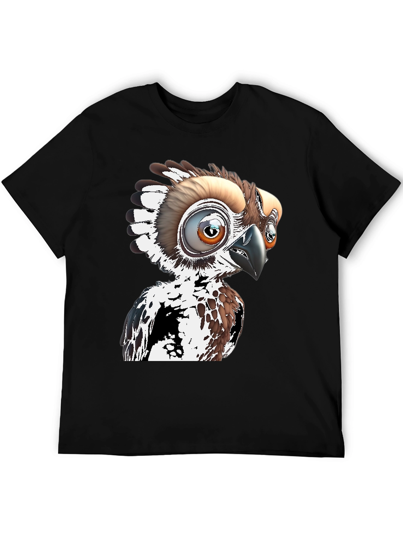 Cartoon Bird Graphic Tee - Black Cotton T-Shirt