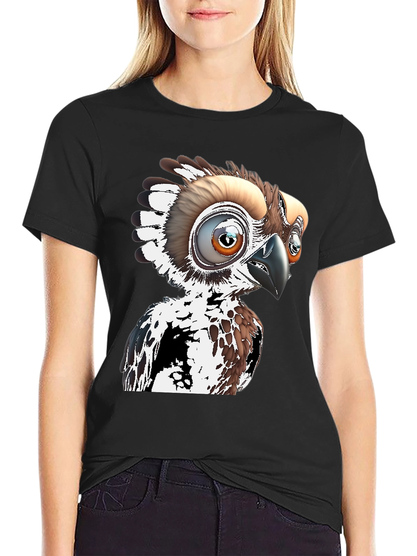Cartoon Bird Graphic Tee - Black Cotton T-Shirt