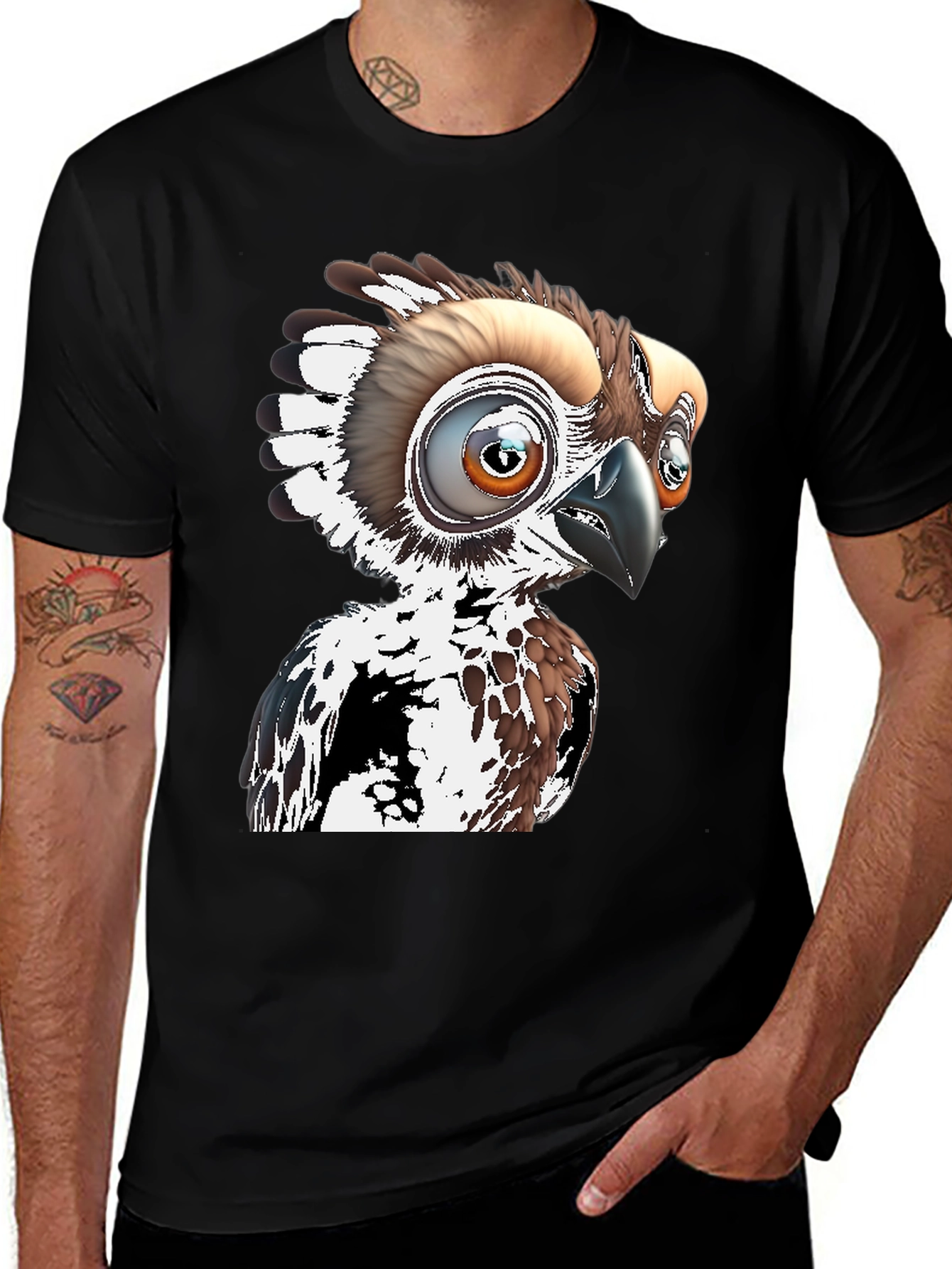 Cartoon Bird Graphic Tee - Black Cotton T-Shirt