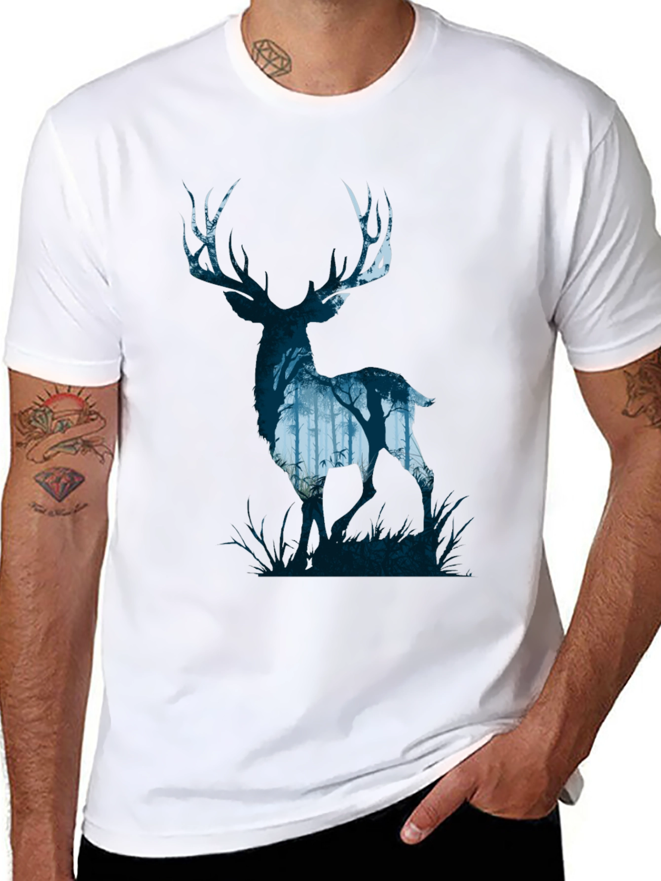 Nature Deer Silhouette Graphic Tee - Mens Black T-Shirt