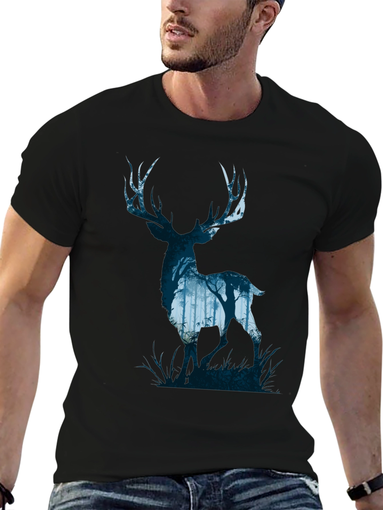 Nature Deer Silhouette Graphic Tee - Mens Black T-Shirt