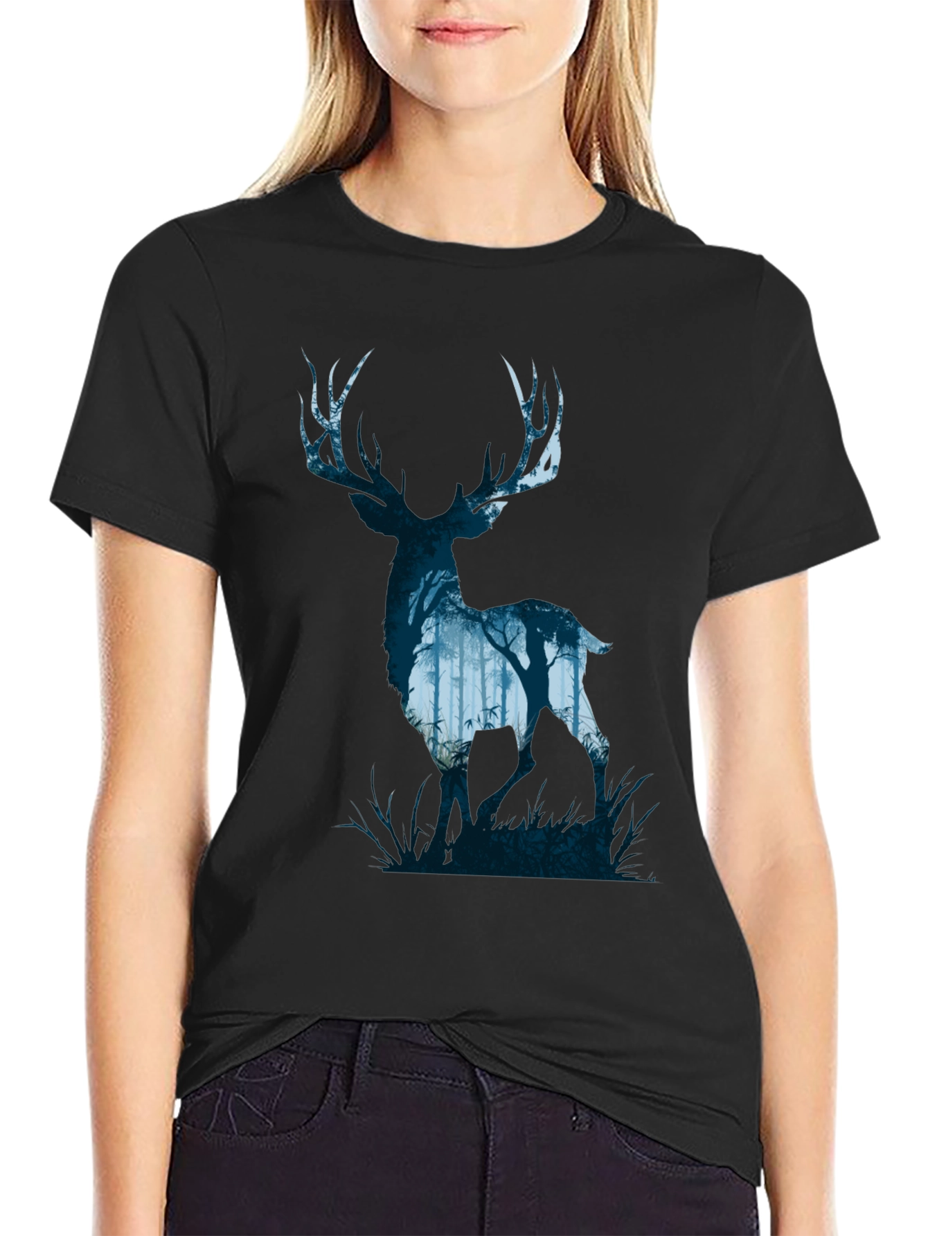 Nature Deer Silhouette Graphic Tee - Mens Black T-Shirt