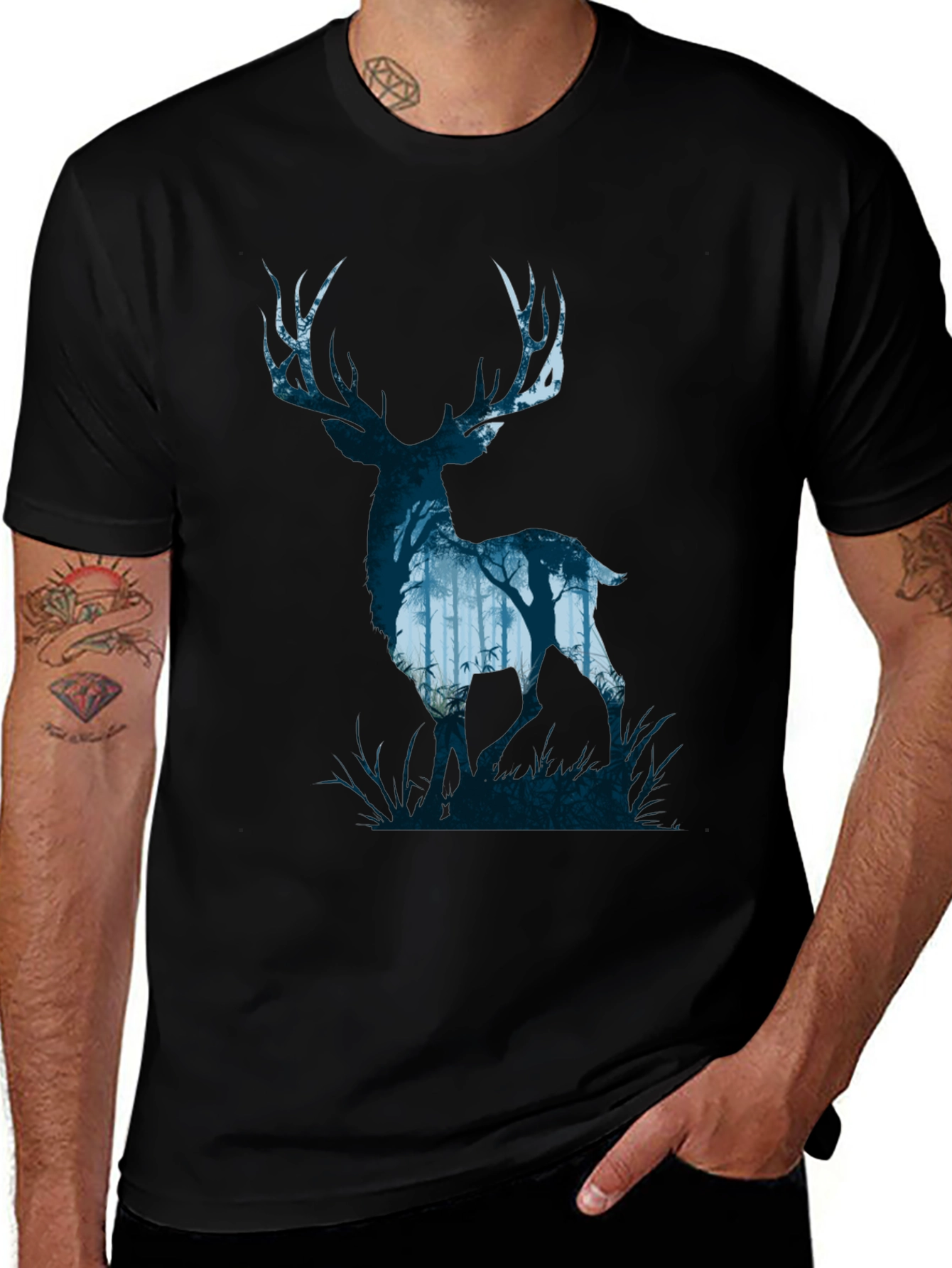 Nature Deer Silhouette Graphic Tee - Mens Black T-Shirt