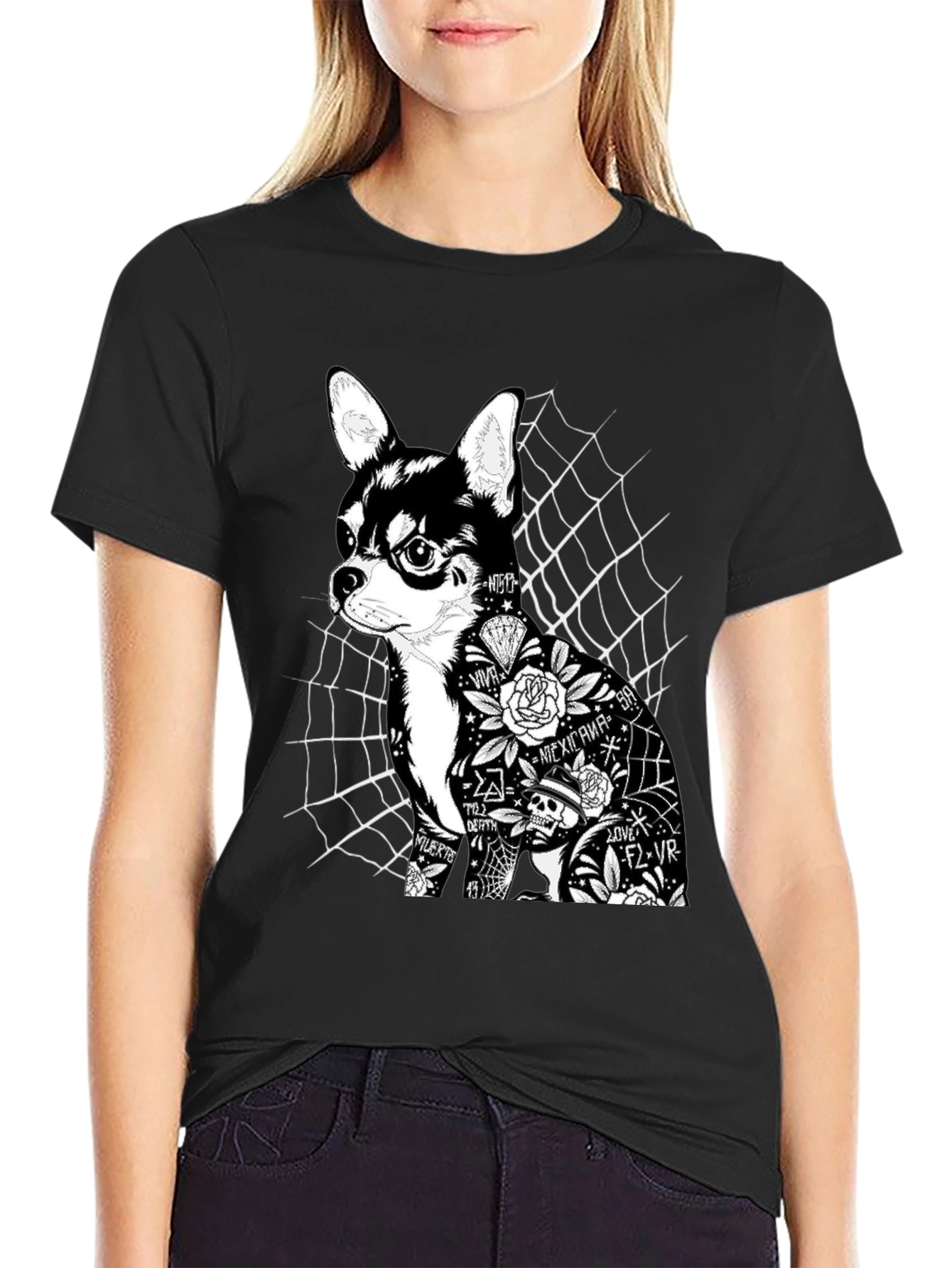 Dog Tattoo Graphic Print Black T-Shirt
