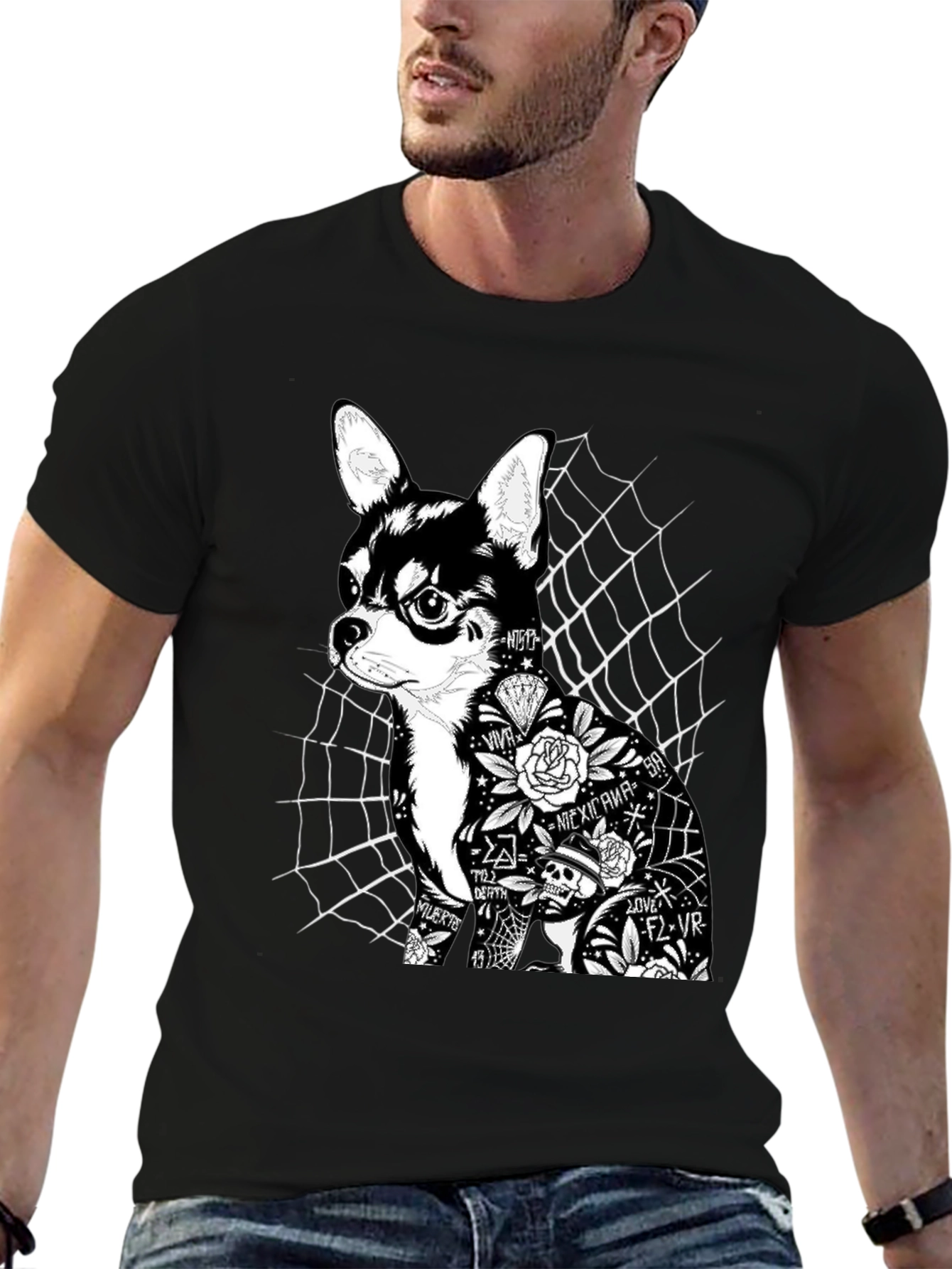 Dog Tattoo Graphic Print Black T-Shirt