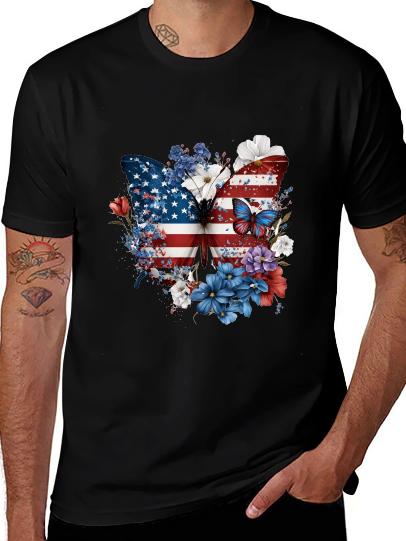 Patriotic Butterfly USA Flag Floral Mens Tee
