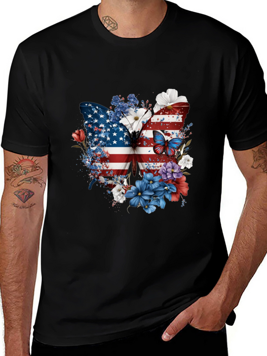 Patriotic Butterfly USA Flag Floral Mens Tee