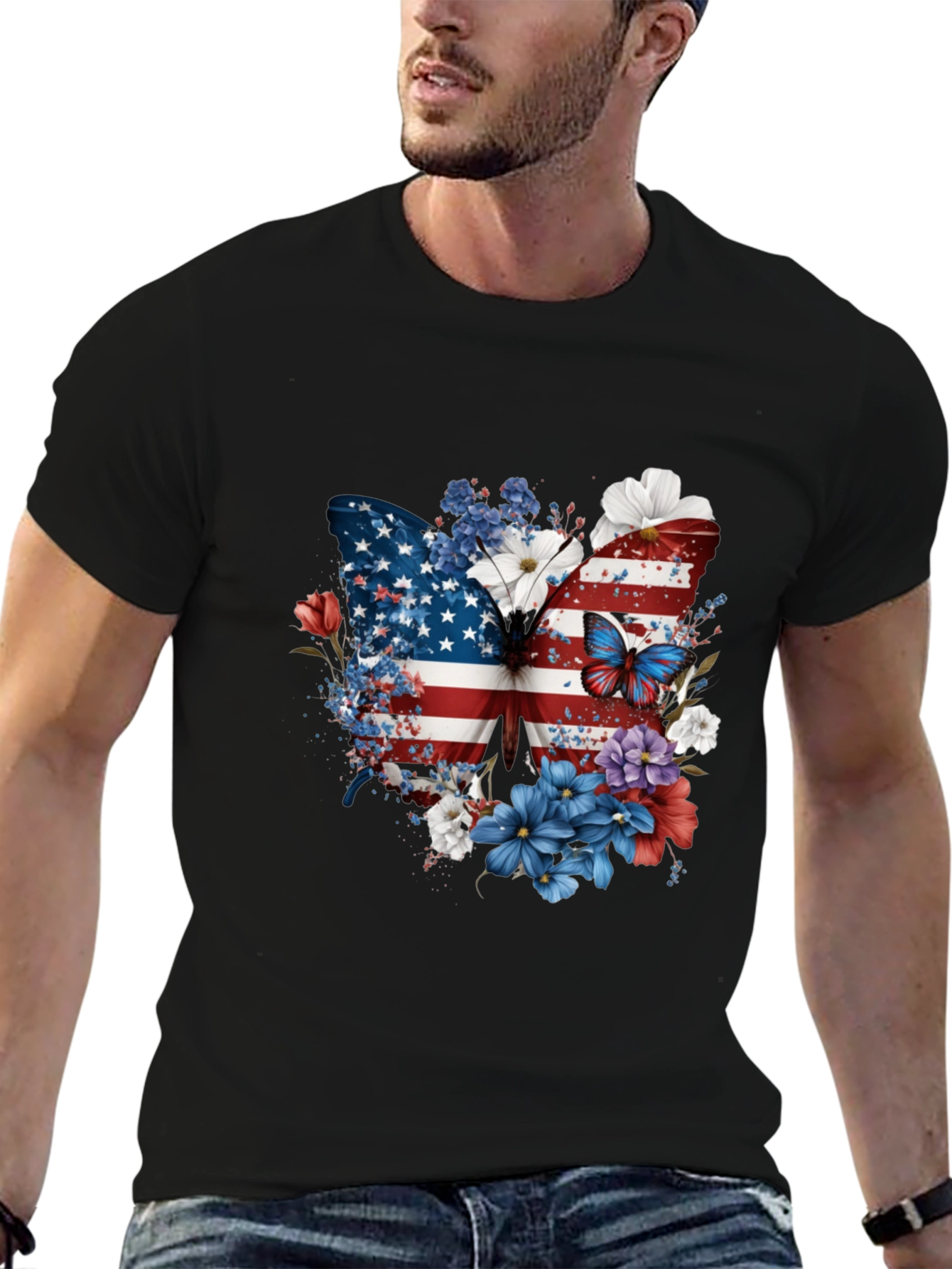 Patriotic Butterfly USA Flag Floral Mens Tee