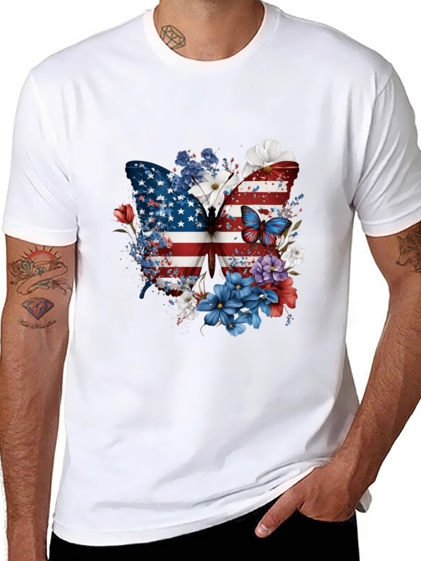 Patriotic Butterfly USA Flag Floral Mens Tee