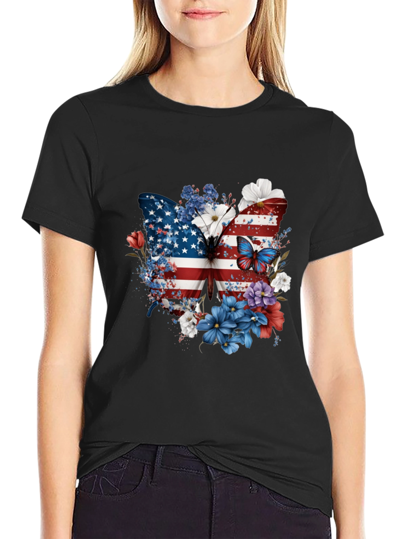 Patriotic Butterfly USA Flag Floral Mens Tee