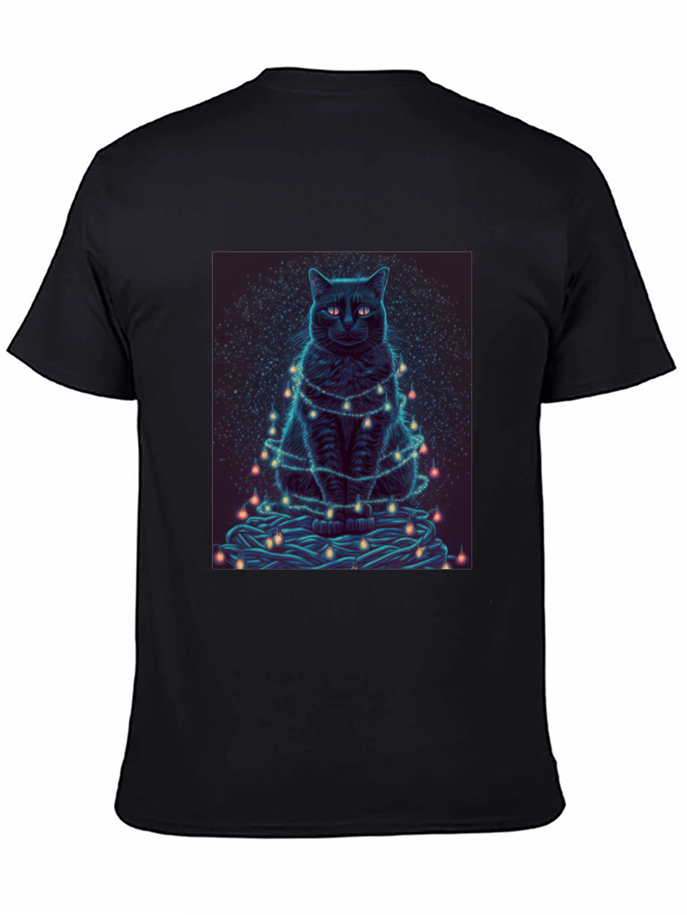 Black Cat Christmas Lights Graphic Tee
