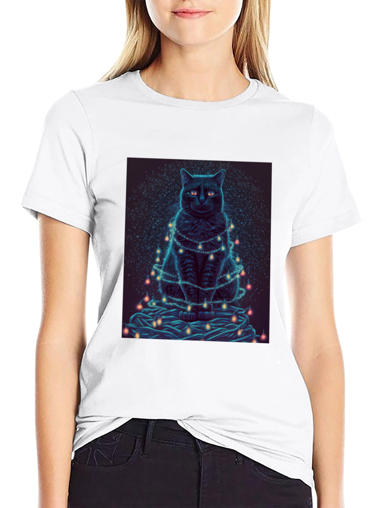 Black Cat Christmas Lights Graphic Tee