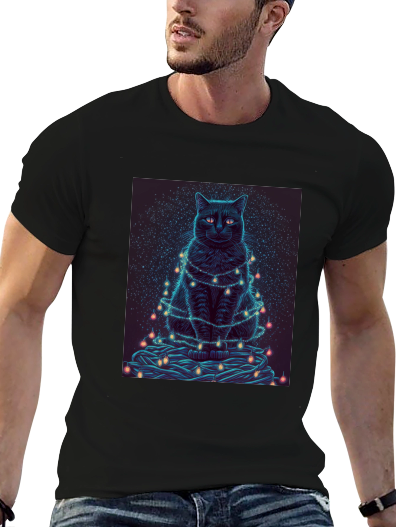 Black Cat Christmas Lights Graphic Tee