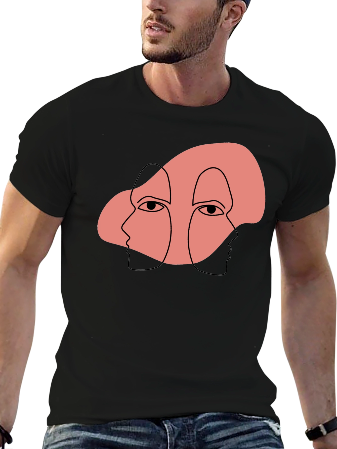Abstract Face Graphic Print Black T-Shirt