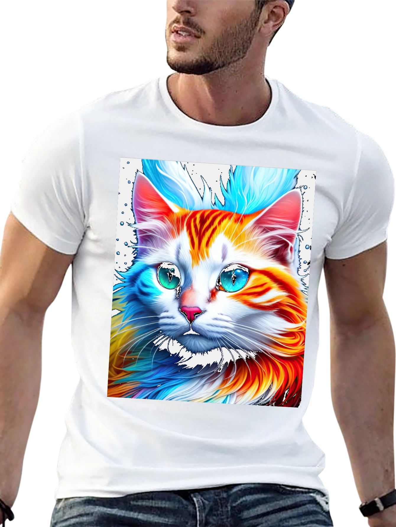 Vibrant Cat Graphic Tee - Stylish Mens Black T-Shirt