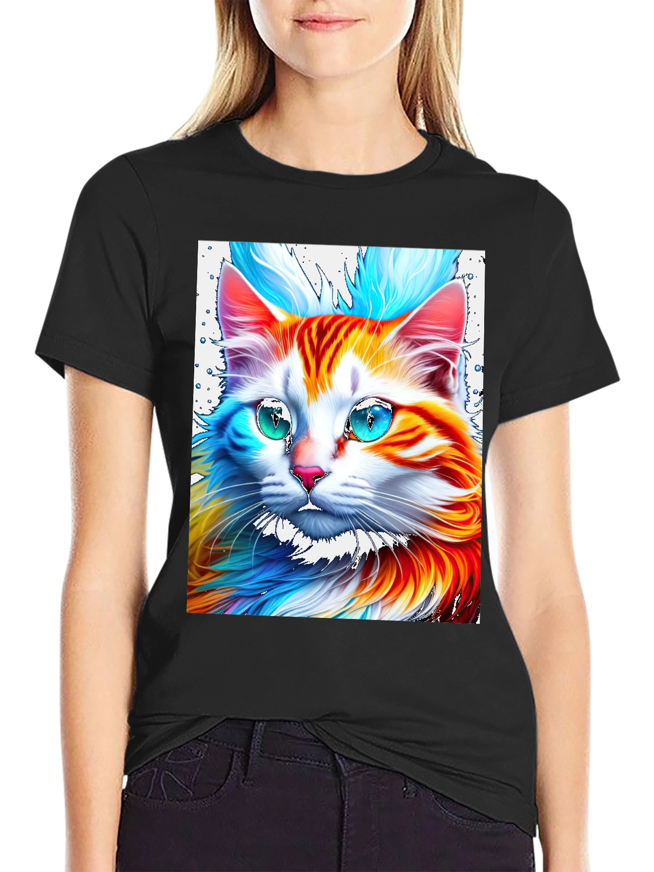 Vibrant Cat Graphic Tee - Stylish Mens Black T-Shirt