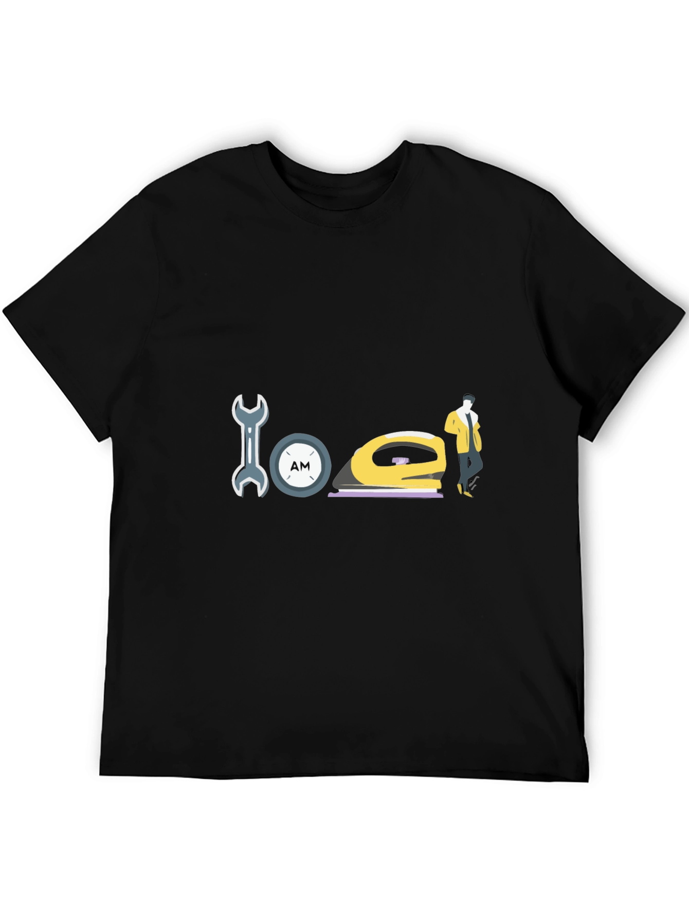 Wrench Clock Iron and Man Graphic Black T-Shirt
