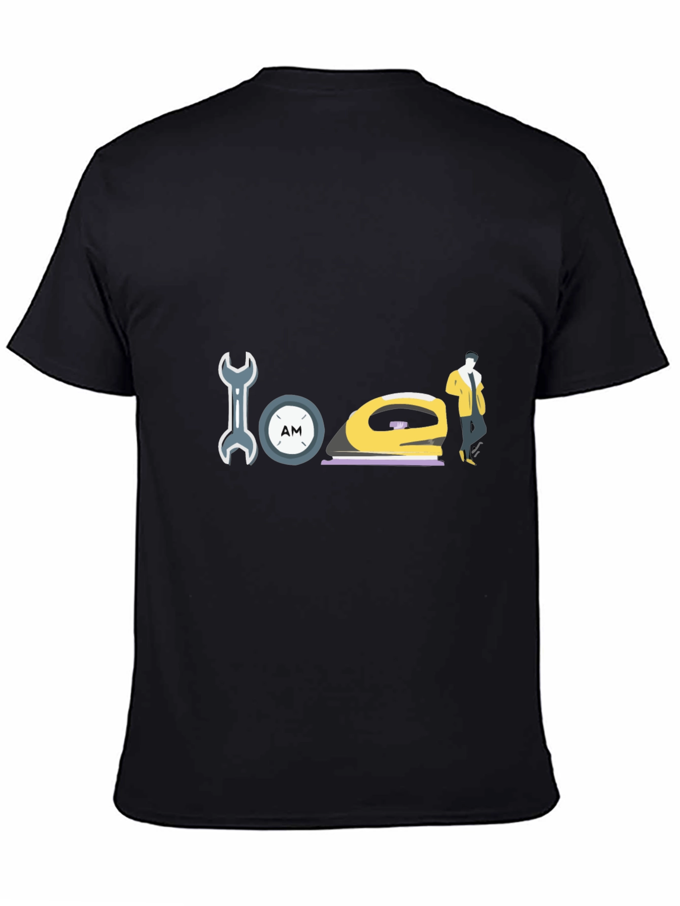 Wrench Clock Iron and Man Graphic Black T-Shirt