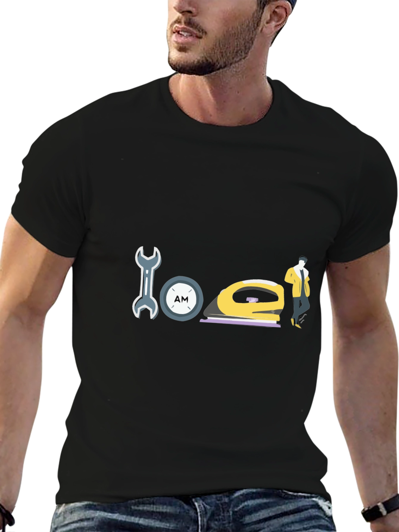 Wrench Clock Iron and Man Graphic Black T-Shirt