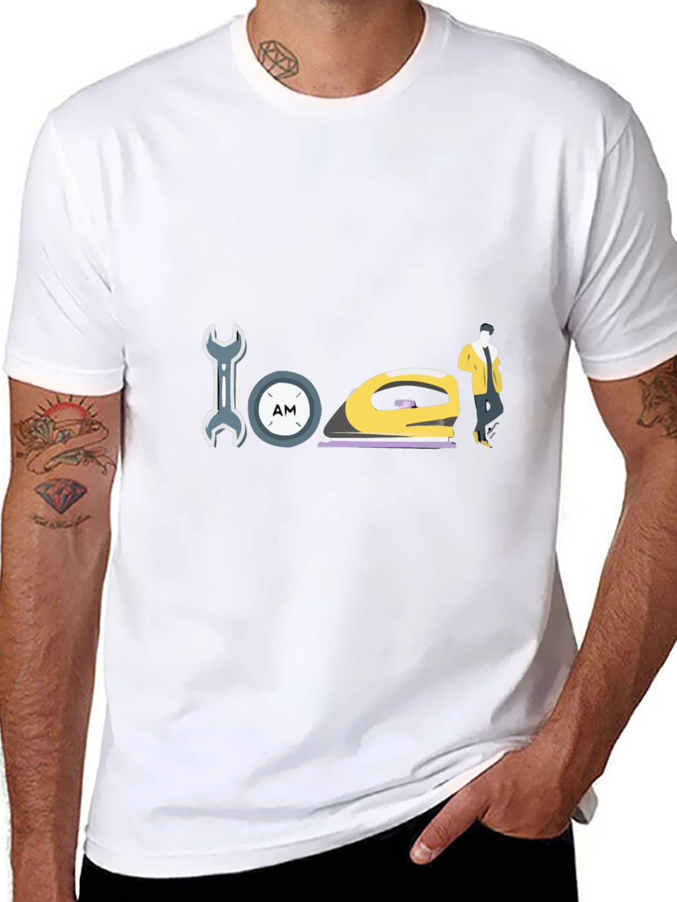 Wrench Clock Iron and Man Graphic Black T-Shirt