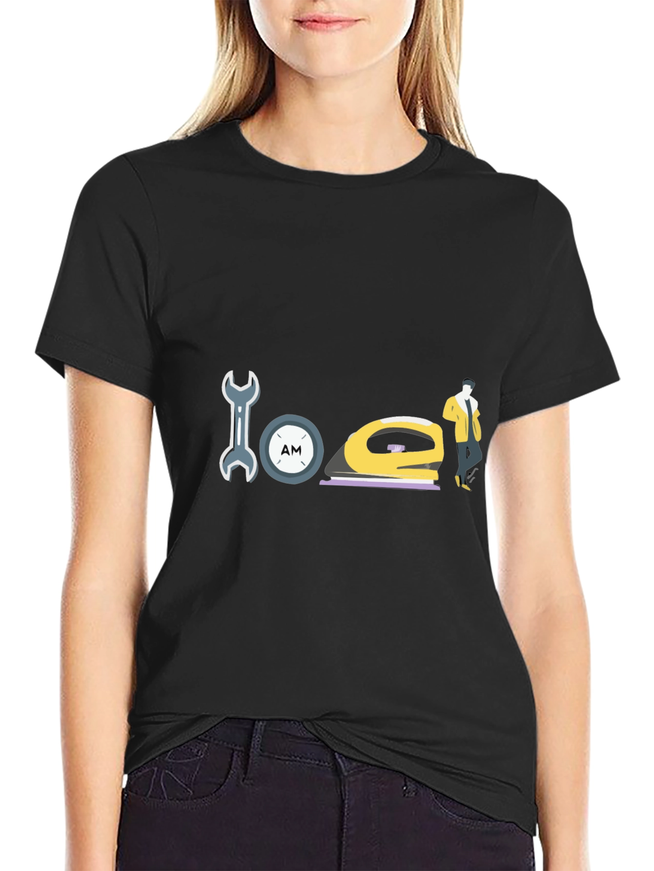 Wrench Clock Iron and Man Graphic Black T-Shirt