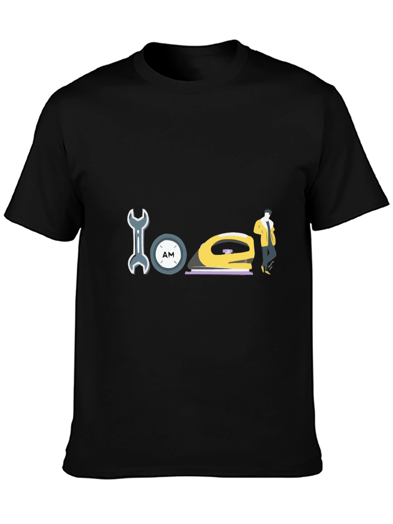 Wrench Clock Iron and Man Graphic Black T-Shirt