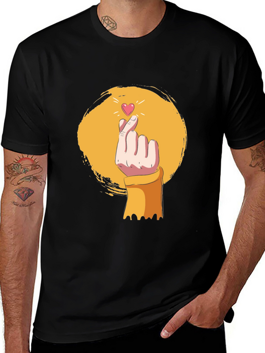 Korean Heart Gesture Graphic Tee - Stylish Black T-Shirt