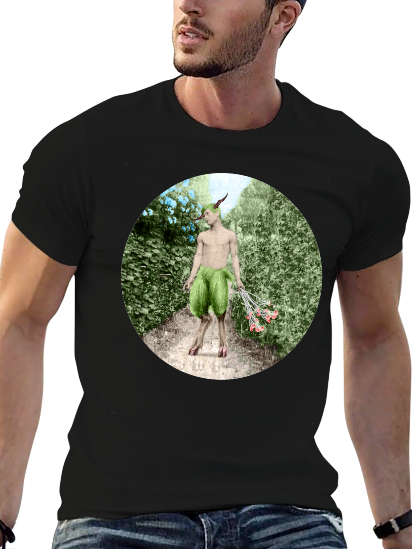 Faun in Garden Black T-Shirt