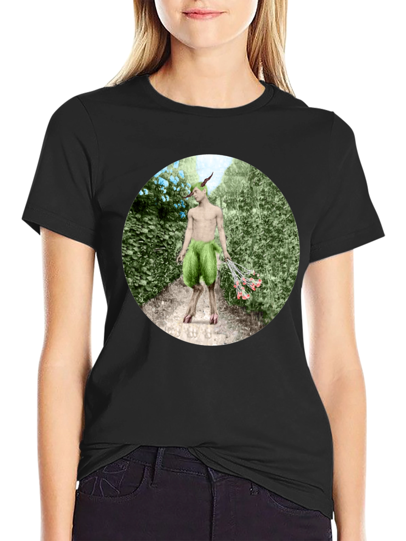 Faun in Garden Black T-Shirt