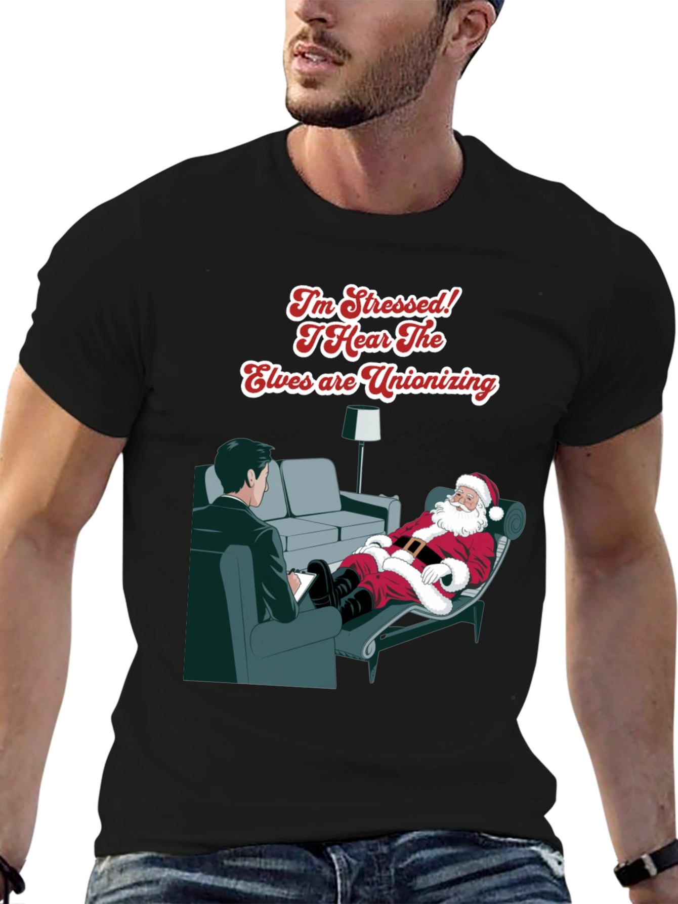 Stressed Santa T-Shirt: Elf Unionization Humor